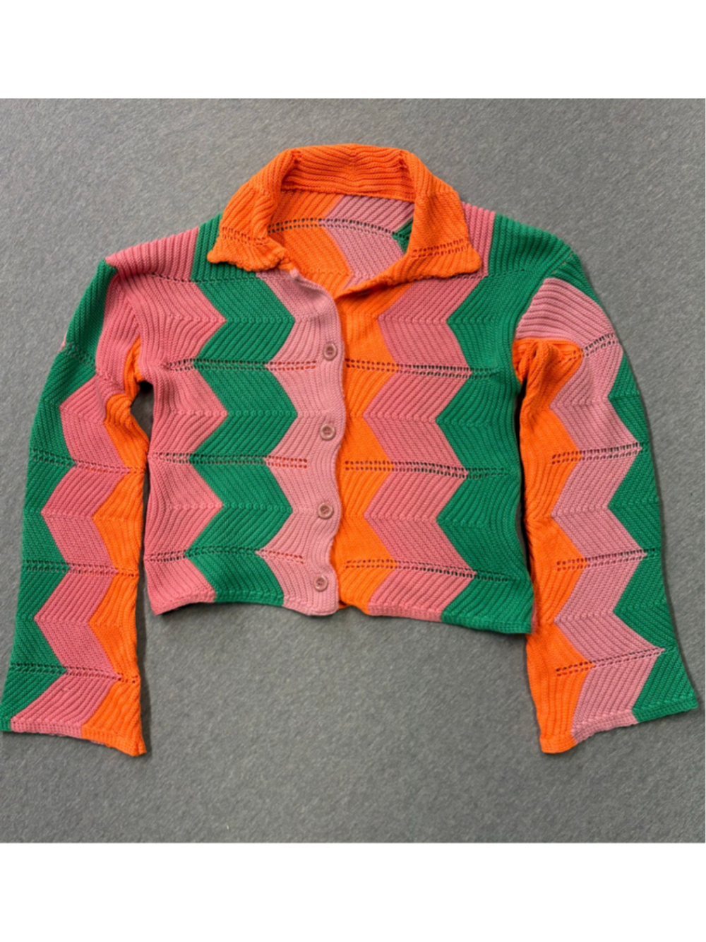 Unbranded Chevron Knit Cardigan XL Pink Orange Green Cropped Bell Sleeve